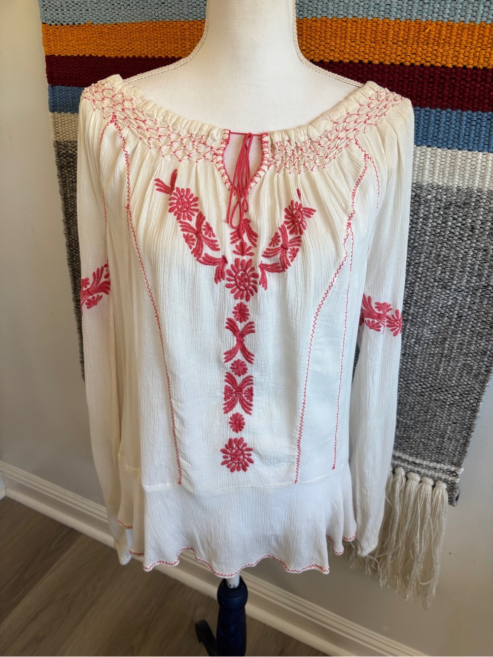 Free People Boho White Tunic with Coral Embroidery